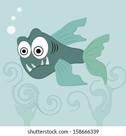 an angry blue fish in the ocean with big eyes
