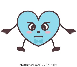 Angry blue heart shape character. Young man in love symbol shape. Frowning, threatening pose, arms to the sides, bow tie. Color vector illustration. Isolated white background. Cartoon and kawaii style