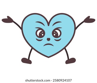 Angry blue heart shaped character. Love symbol shaped guy. Angry look, questioning pose, eyebrows furrowed, hands raised up. Color vector illustration. Isolated white background. Kawaii style.