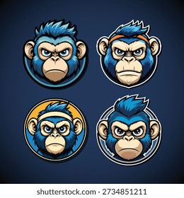 Angry Blue Monkey Mascot Logo Set Cartoon Illustration