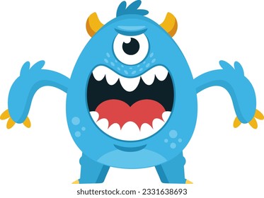 Angry Blue Monster Cartoon Character. Vector Illustration Flat Design Isolated On Transparent Background