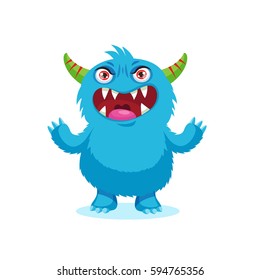 Angry Blue Monster Cartoon Mascot Character. Vector Illustration Isolated On White Background. Emotions Monster.