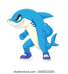 Angry blue shark cartoon wearing shoes