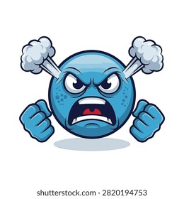 Angry blue spherical emoticon mascot character with clenched fists and white steam blowing from its ears, featuring an enraged facial expression on a white background.