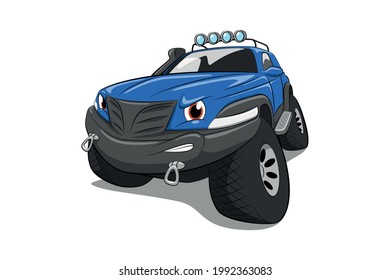 angry blue SUV on a white background. Cartoon car. Isolate.