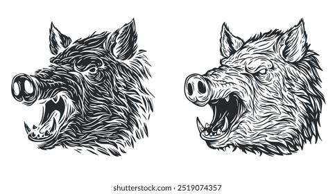 Cabeza de jabalí enojado en estilo de boceto dibujado a mano. Monocromo silueta animal para el tatuaje, impresión, marca. Ilustración vectorial.