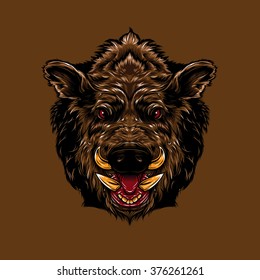 Angry Boar with open mouth showing canine.