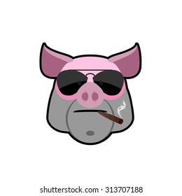 Angry boar. Pig head with glasses and a cigarette. Animal farm is a bully. Logo of the animals
