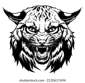 Angry Bobcat Head Digital Ink Vector Drawing.