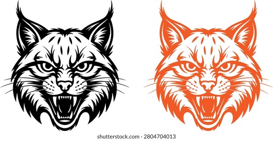 Angry bobcat head illustrations in black and orange on white background
