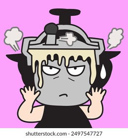 Angry Boiling Pot Head Woman Concept Card Character illustration