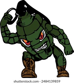 Angry Bomb with face, hand grenade walking with boots