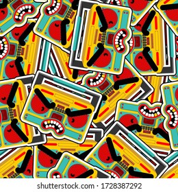 Angry Boombox pattern seamless. Grumpy Audio tape recorder background. vector texture