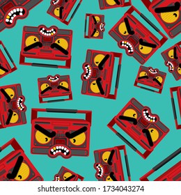 Angry Boombox pattern seamless. Grumpy Audio tape recorder background. vector texture