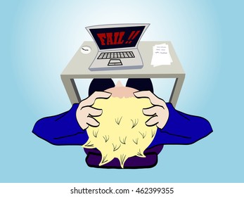 Angry and bored Man and laptop with Fail word on screen. Computer laptop in malfunction condition.