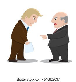 Angry boss abusing employee. Disgruntled Director. Fault the Manager has done a bad job.