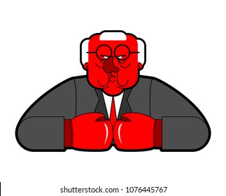 Angry boss in boxing gloves. Red honcho. Ferocious master
