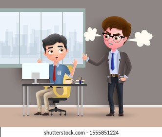 Angry boss business character vector concept. Office employee caught by angry boss while working in office desk. Vector illustration.
