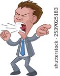 An angry boss or business man office worker cartoon character. In a suit shouting, yelling or screaming and pointing with their finger.