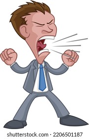 An angry boss or business man office worker cartoon character in a suit shouting, yelling or screaming 