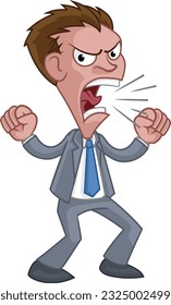 An angry boss or business man office worker cartoon character in a suit shouting, yelling or screaming 