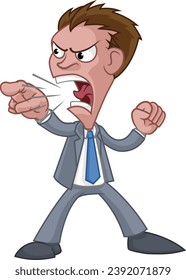 An angry boss or business man office worker cartoon character. In a suit shouting, yelling or screaming and pointing with their finger.