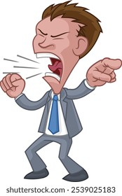 An angry boss or business man office worker cartoon character. In a suit shouting, yelling or screaming and pointing with their finger.