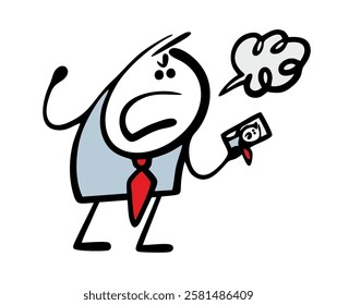 Angry boss in  business suit aggressively yells at his subordinate or partner. Vector illustration of bad business relations with colleagues. Isolated funny character on white background.