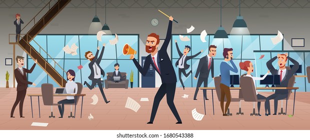 Angry boss. Businessman screaming in office chaos deadline stress managers working and running vector concept background