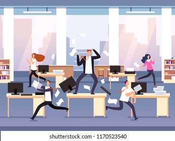 Angry boss. Chaos in office with employees in panic. Businessman in stress and deadline vector concept. Illustration of running employee, furious management workday