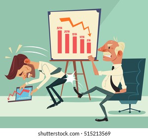 Angry boss character kick worker character ass. Financial crisis. Graph down. Vector flat cartoon illustration