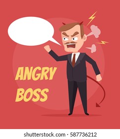 Angry boss character scream. Speech bubble. Vector flat cartoon illustration