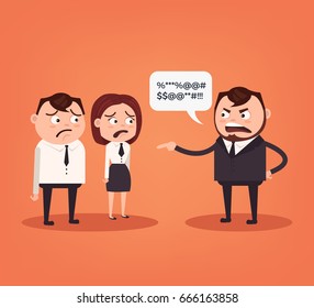 Angry boss character yelling at employee characters. Vector flat cartoon illustration