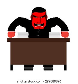 Angry boss. Chief Red with anger at  table. Head of swears and shouts. Vector illustration.