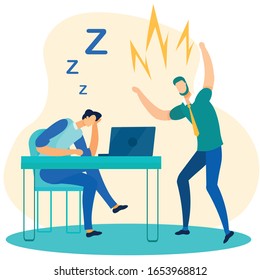 Angry Boss Chief Shouting Lazy and Exhausted Executive Manager. Office Worker Falling Asleep at Work, Relaxing behind Laptop. Reduced Productivity and Procrastination. Vector Flat Cartoon Illustration