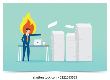 Jefe enojado, comunicarse entre sí, muchos documentos, horas extra de trabajo, burbuja de voz, punto de exclamación, concepto de diseño de ilustración vectorial en plantilla de postal