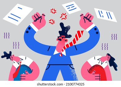 Angry boss or director scream yell at scared diverse employees in office. Furious businessman shout fire dismiss stressed workers at workplace. Power and leadership. Vector illustration. 