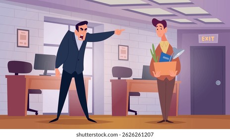Angry boss. Dismissals managers going to the door exact vector depressed person on work