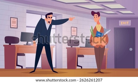 Angry boss. Dismissals managers going to the door exact vector depressed person on work