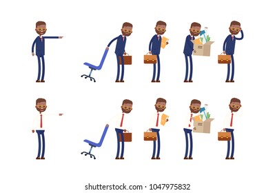 Angry boss dismisses employees. takes away the chair, documents, personal belongings from work. indian businessman. cartoon character set