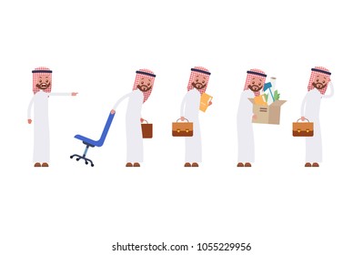 Angry boss dismisses employees. takes away the chair, documents, personal belongings from work. Arab saudi businessman. cartoon character set