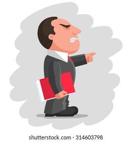 Angry boss dressed in gray business suit is keeping red document folder in hand and pointing finger in front of him. Discontented boss concept