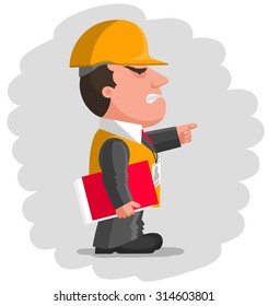 Angry boss dressed in gray business suit with orange waistcoat and protective helmet is keeping red document folder in hand and pointing finger in front of him