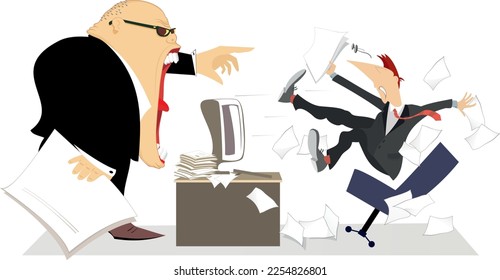 Angry boss and employee. 
Angry chief scolds his frightened employee falling from the chair
