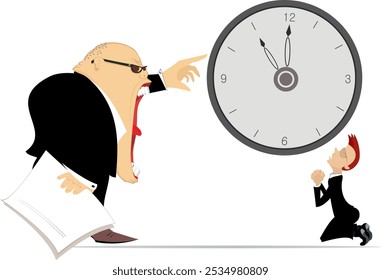 Angry boss and employee man. Time concept. Deadline.
Angry chief points to the clock and scolds an employee staying on the knees. Business time concept
