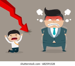 Angry boss and employee with red arrow down