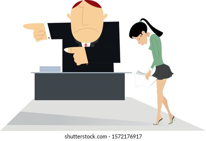 Angry boss and employee woman illustration. Angry chief scolds his employee woman and points her get out from the office
