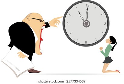 Angry boss and employee woman. Time concept. Deadline. Angry chief points to the clock and scolds an employee woman staying on the knees. Business time concept