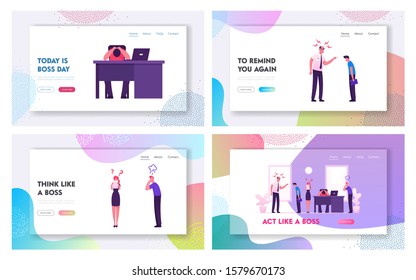 Angry Boss and Employees Conflict Situation Website Landing Page Set. Furious Director or Ceo Yelling on Delinquent Workers in Office. Frustration Web Page Banner. Cartoon Flat Vector Illustration