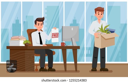 Angry Boss Fire Employee. Layoff Concept. Human Resource. Employee Dismissal. End of Career Set. Firing Staff. Working Time in Office. Selection of Candidates. Vector Flat Illustration.